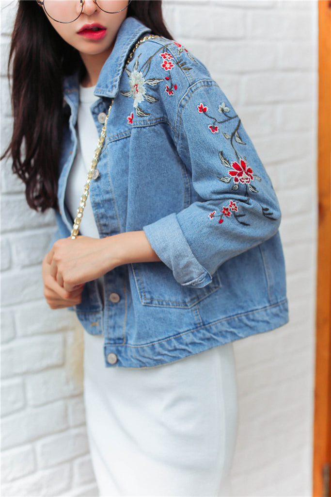 Flower embroidery Vintage Denim jacket
