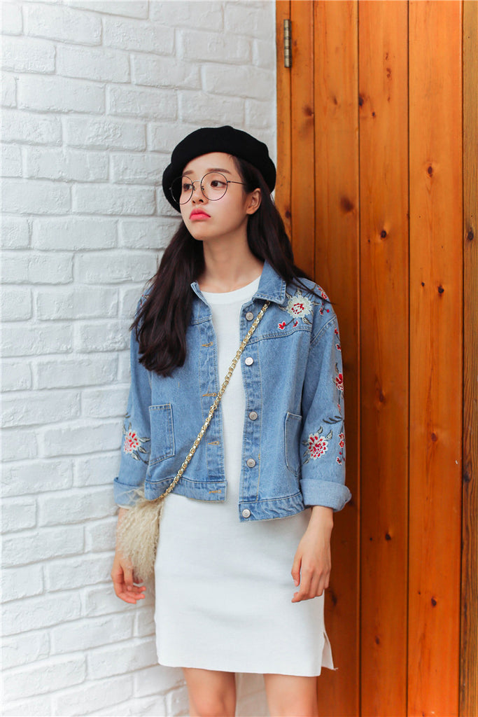Flower embroidery Vintage Denim jacket