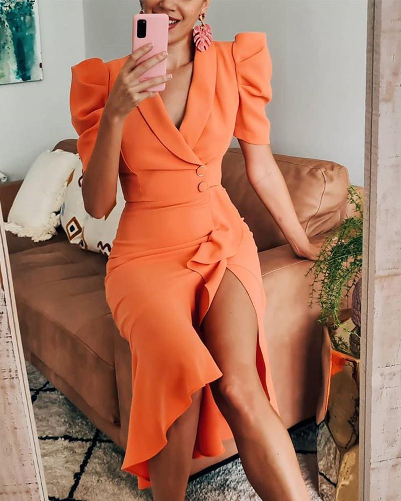 Design V-Cut Ruffle Hem Slit Wrap Midi Dress