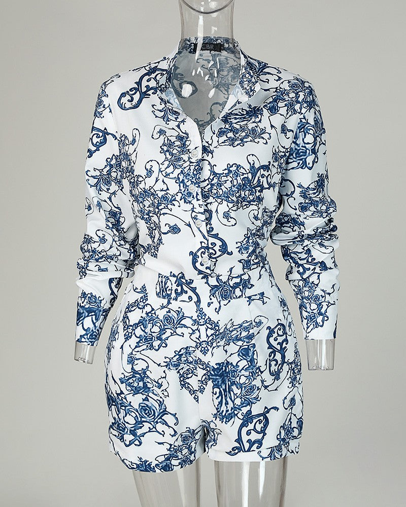 Elegant Blue Long Sleeve Printed Jumpsuit