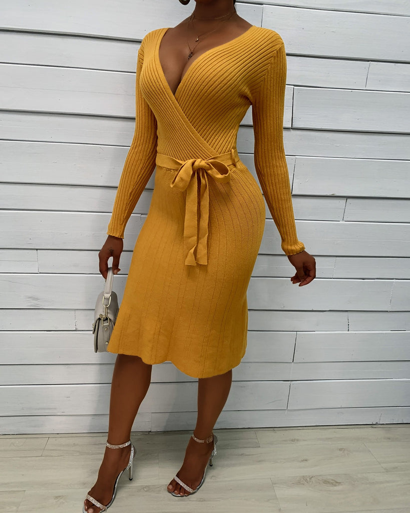 Slim V-Neck Long Sleeve Dress
