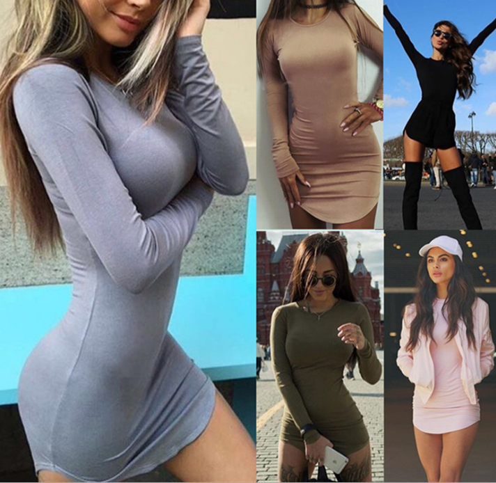 Sexy round neck long-sleeved dress