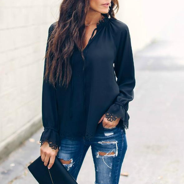 Solid Color V-Neck Long-Sleeved Chiffon Top