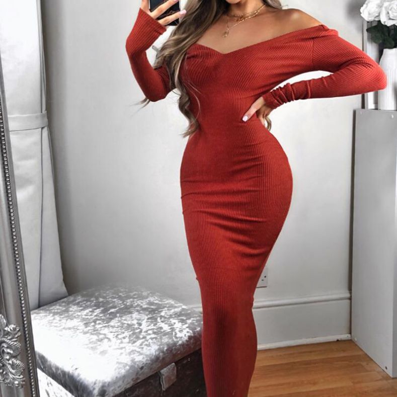Deep V-Neck Knit Long Sleeve Dress
