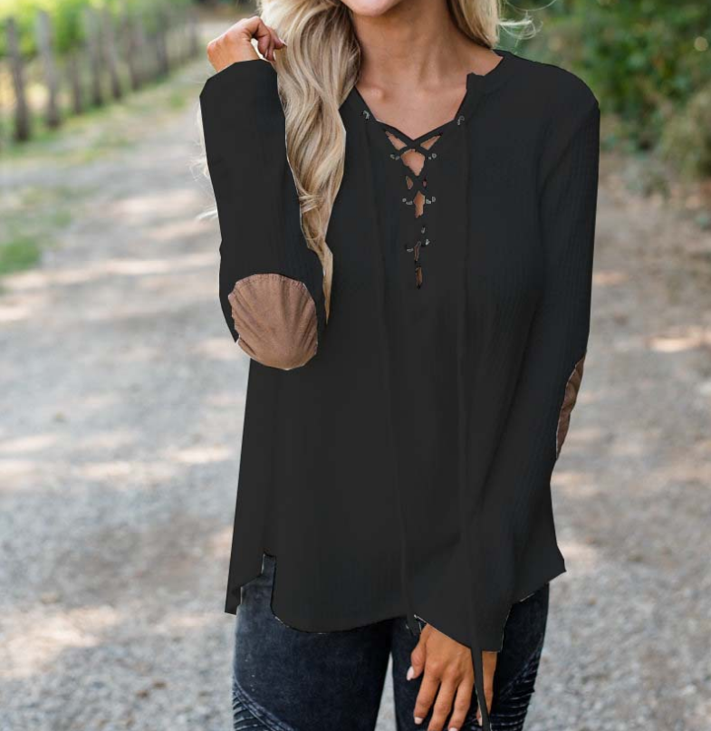 Women Long Sleeve Solid Color V-neck T-Shirt
