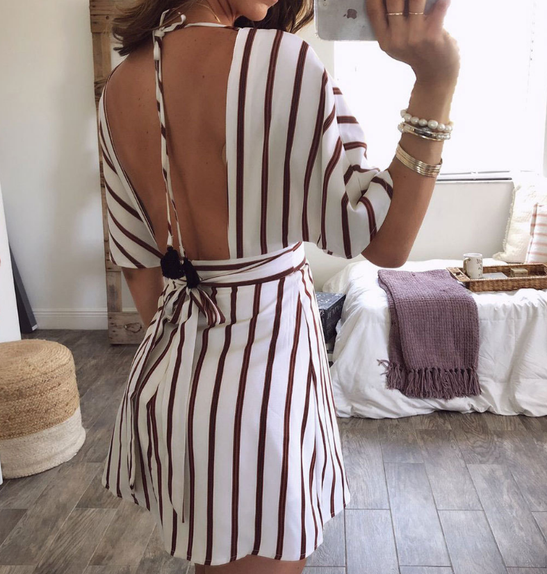 V-Neck Striped Women'S Sexy Dress
