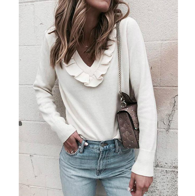 Sweet V-Neck Long-Sleeved Flounced T-Shirt