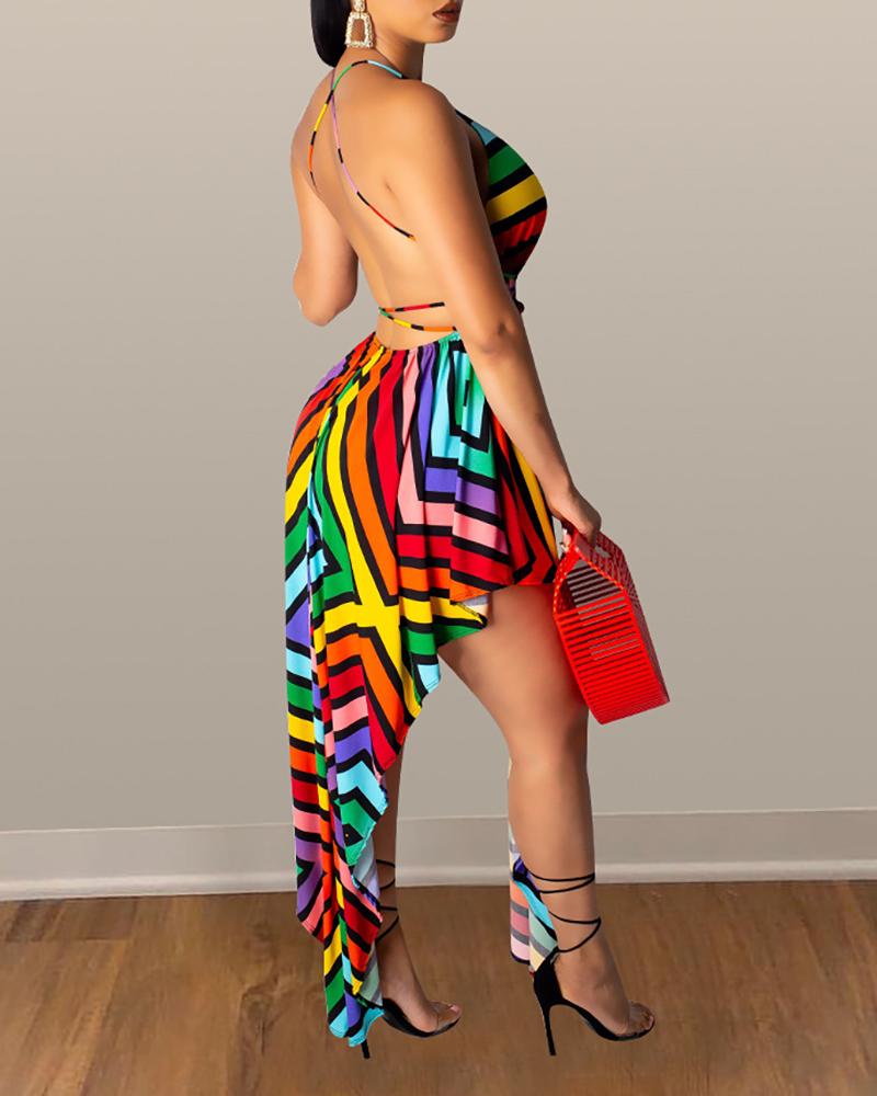 Women Sling V-Neck Printed Irregular Dress