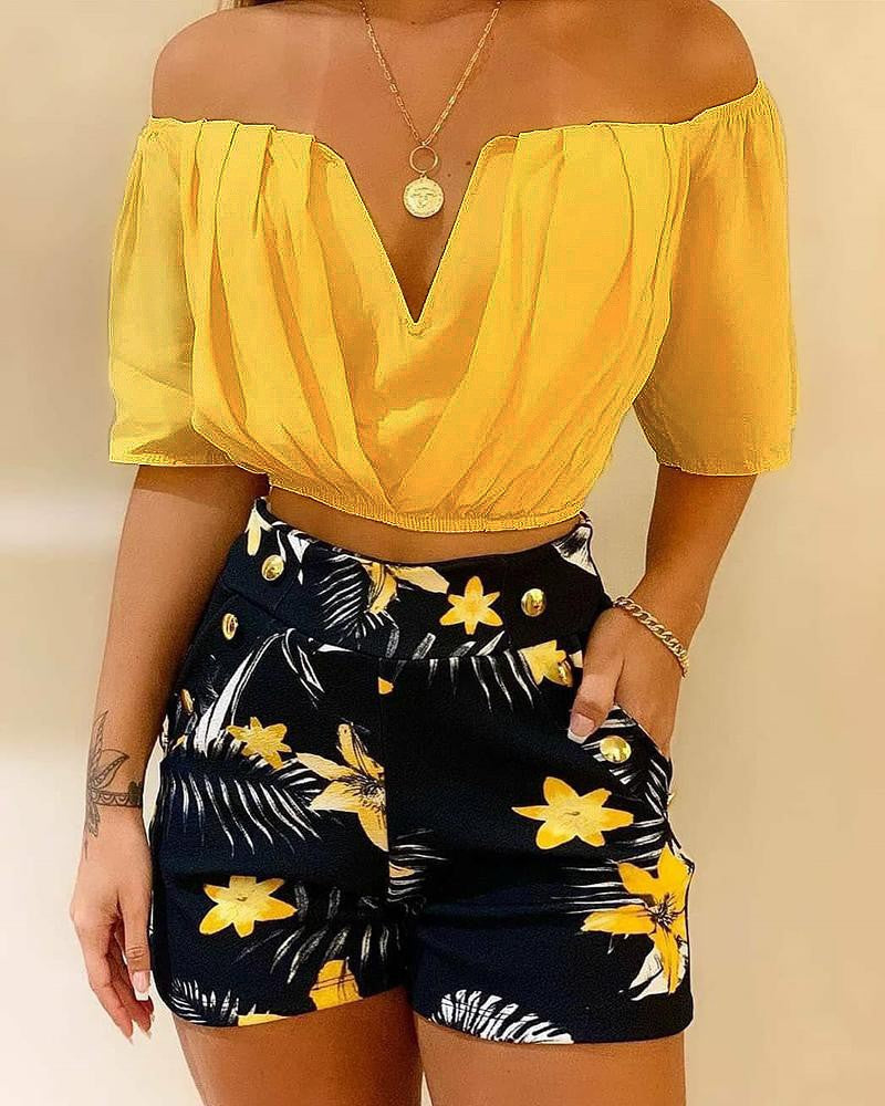 Women's Yellow One Shoulder Short Sleeve Print Shorts Set