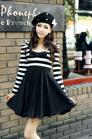 LONG-SLEEVE STRIPED CHIFFON BOW DRESS