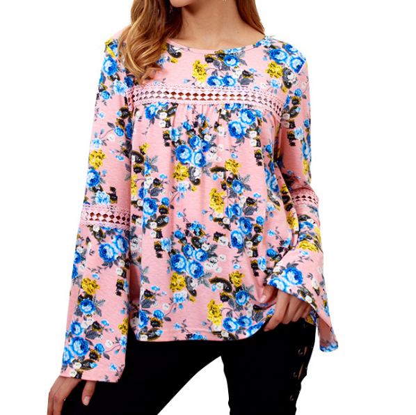 Women'S Long Sleeve Printed Lace Stitching T-Shirt