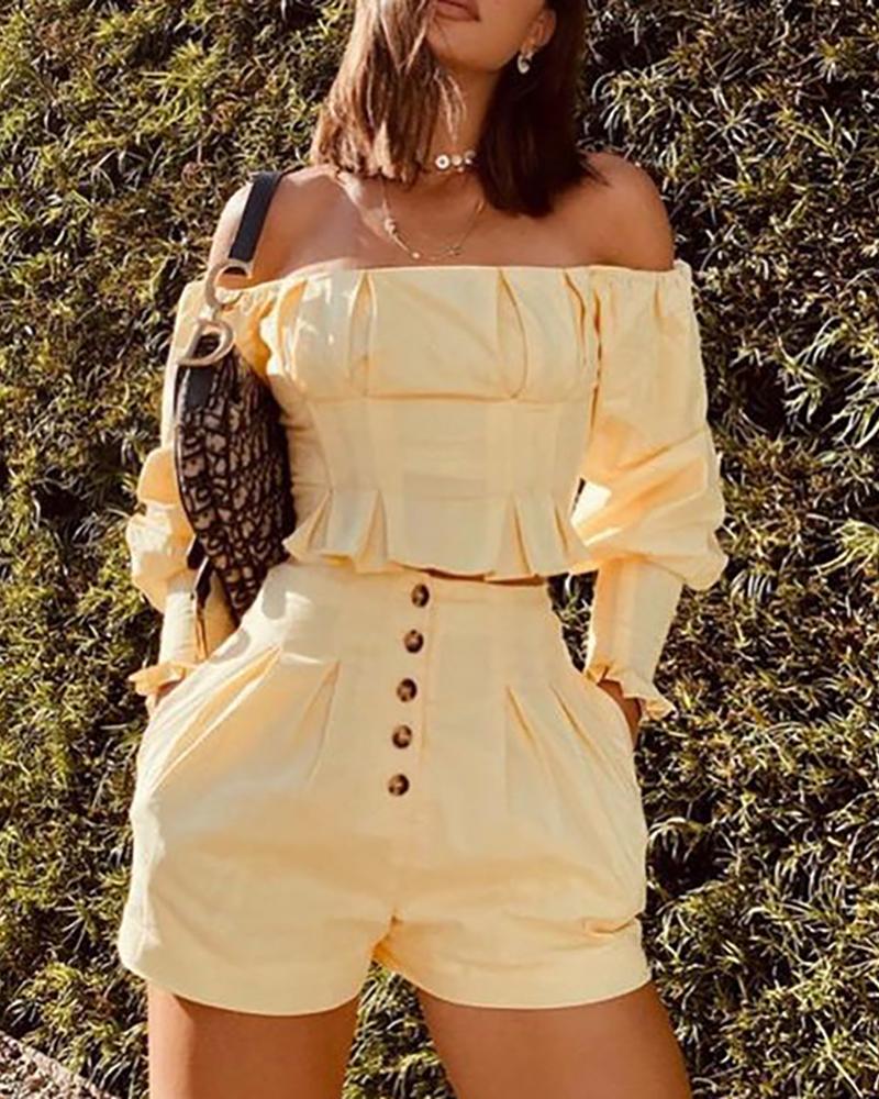 Design Off Shoulder Ruffles Ruched Top & Buttoned Shorts Set