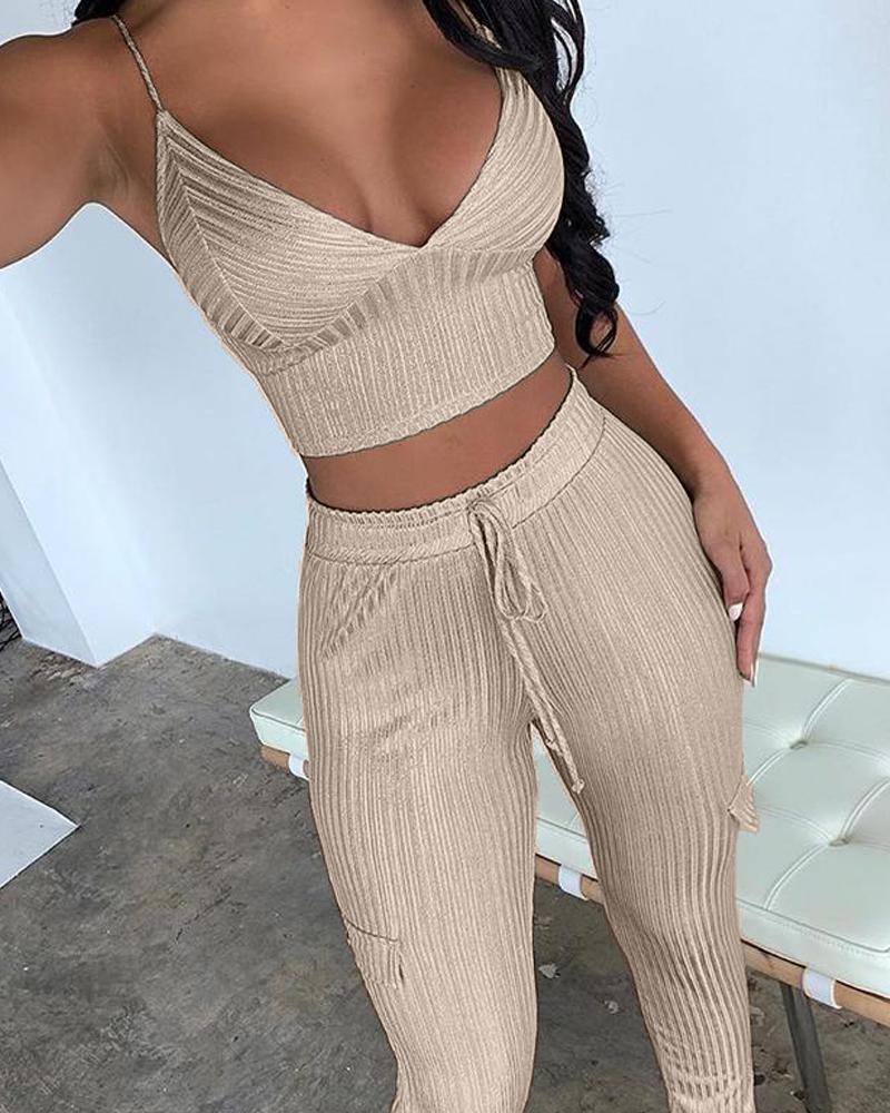 V-Neck Sexy Ribbed Crop Top + Trousers Set