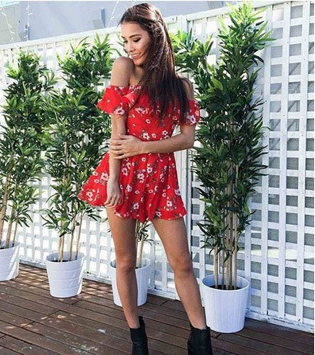 Red Floral Print Off The Shoulder Chiffon Romper