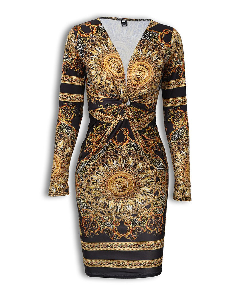 V-Neck Long Sleeve Printing Bag Hip Dress