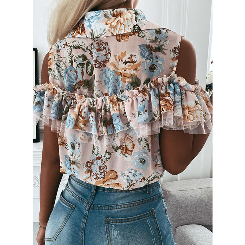 Fashion Printed Off-Shoulder Short-Sleeved Shirt Top