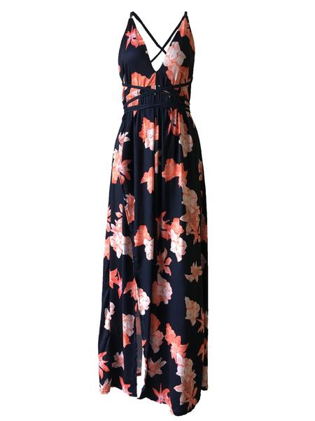 Backless Wrap Slit Maxi Floral Dress