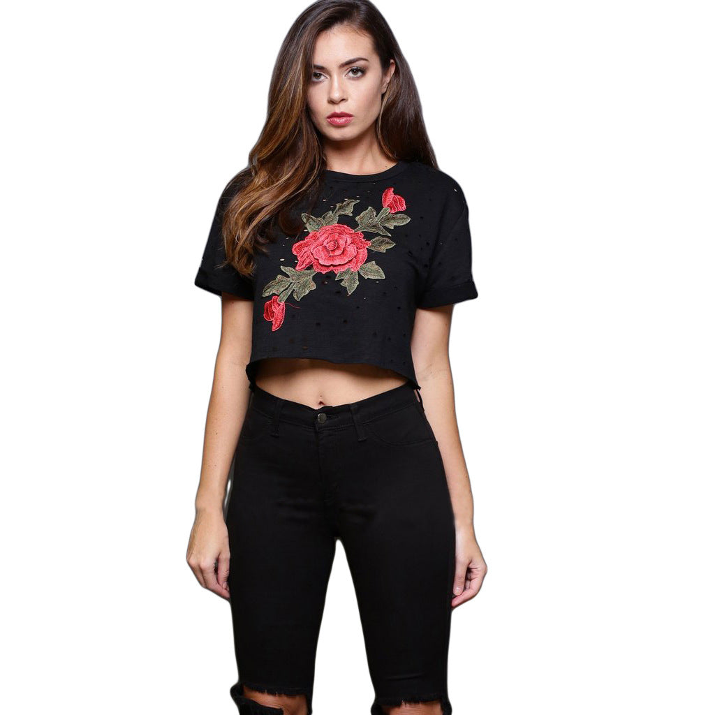 Embroidery Round Neck Short-Sleeved T-Shirt
