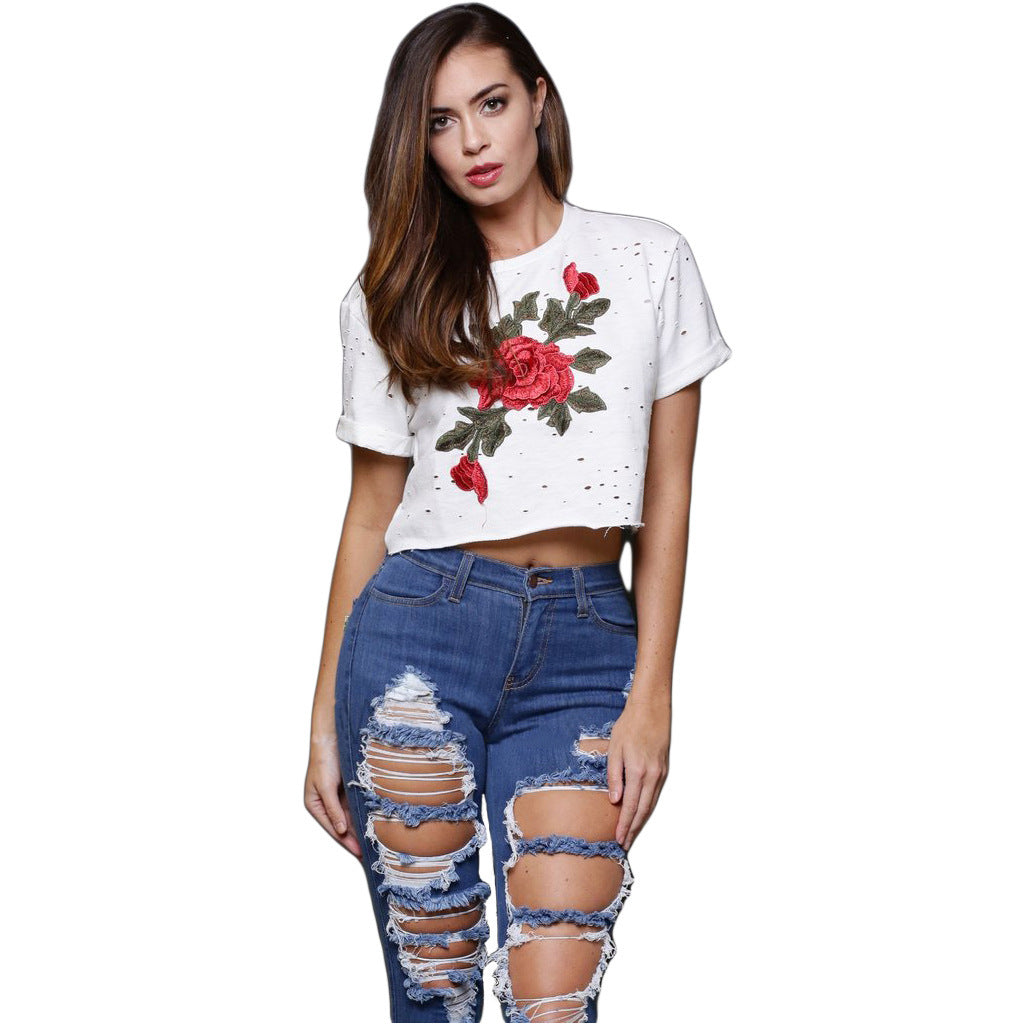 Embroidery Round Neck Short-Sleeved T-Shirt