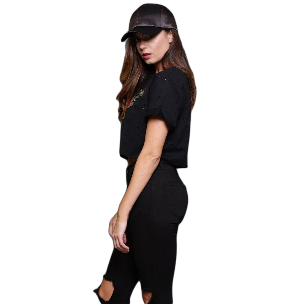 Embroidery Round Neck Short-Sleeved T-Shirt