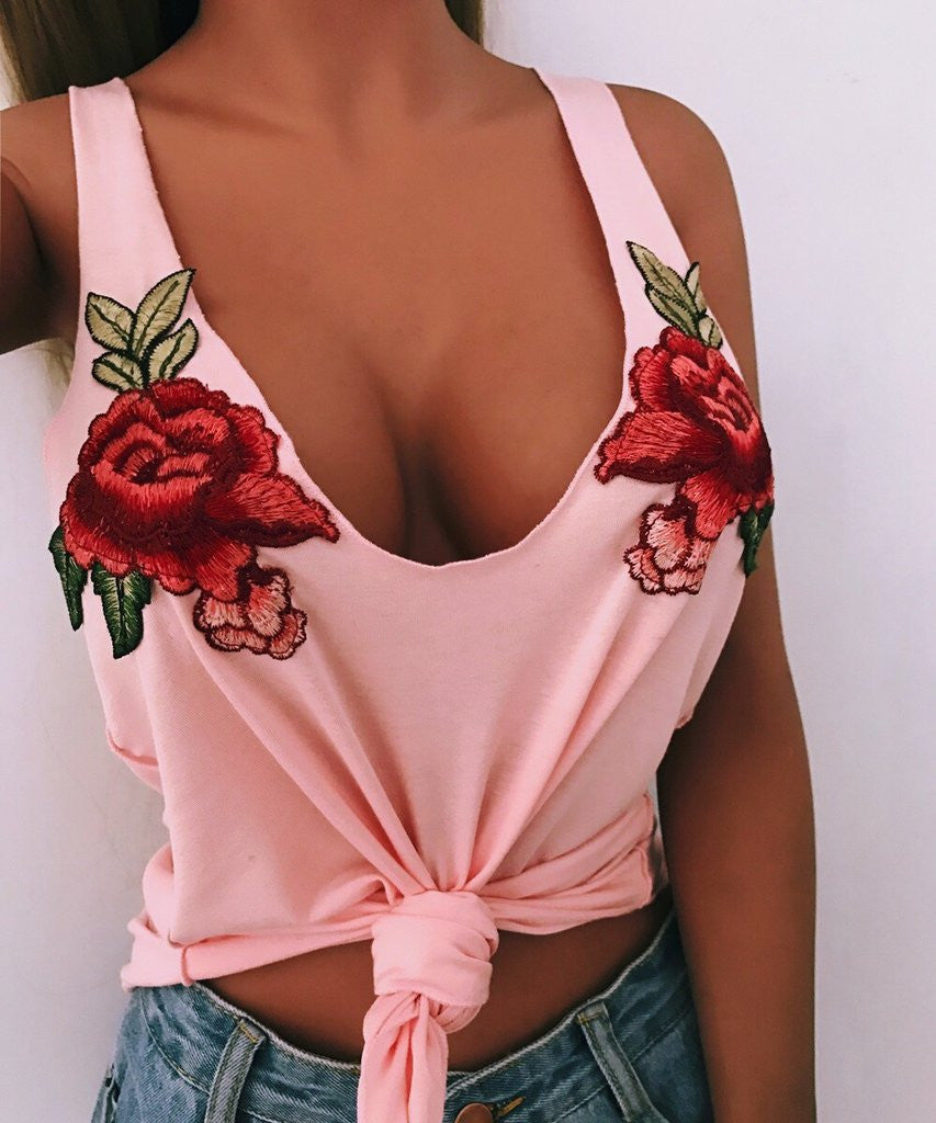 Sexy Fashion Flower Embroidery Tunic Shirt Top Blouse