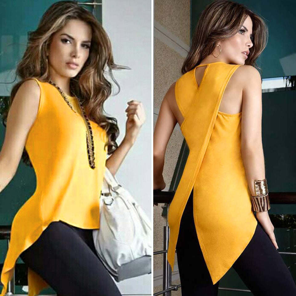 Fashion Round Neck Sleeveless Irregular T-Shirt