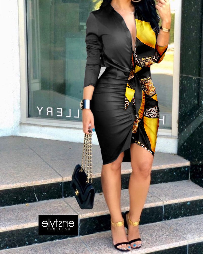 Irregular V-neck Printed Long Sleeve Dress