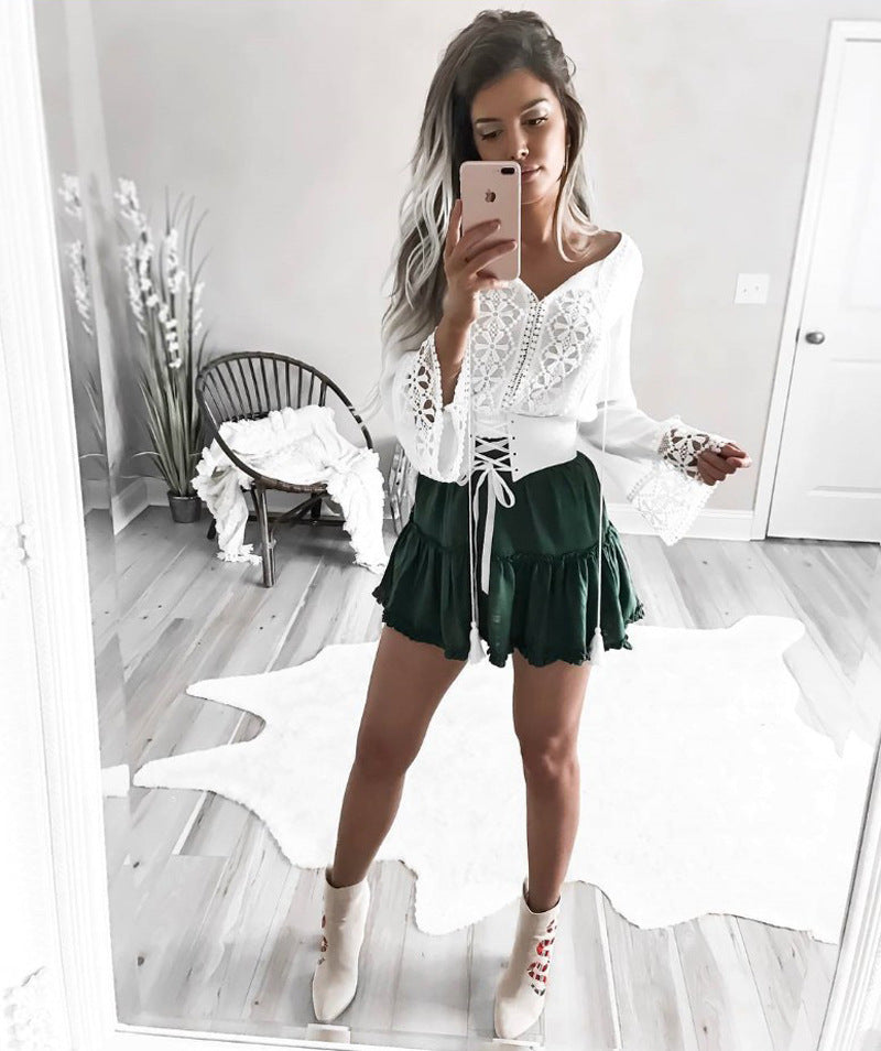 Stylish Sexy Long Sleeve Lace Patchwork V-neck Tops T-shirts