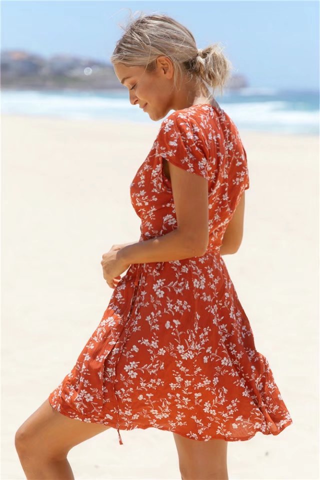 Women'S V-Neck Short-Sleeved Printed Dress