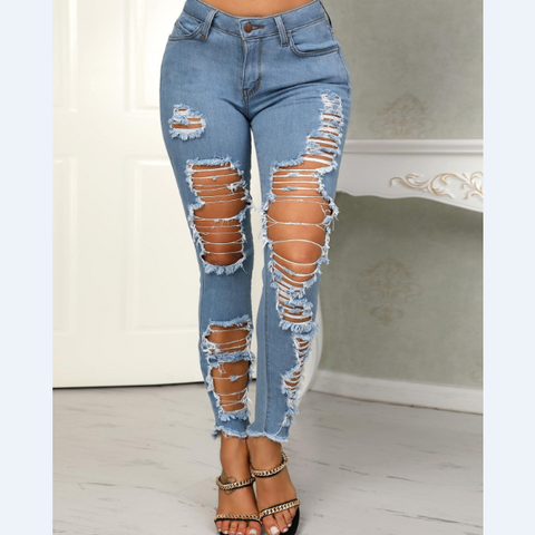 Casual Elastic Hole Denim Pants