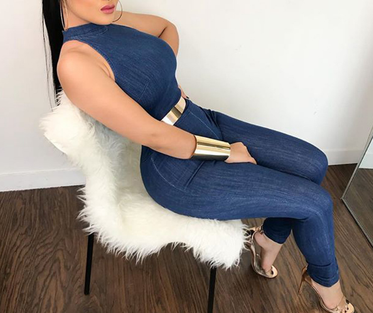 Sexy Denim Round Neck Sleeveless Jumpsuit