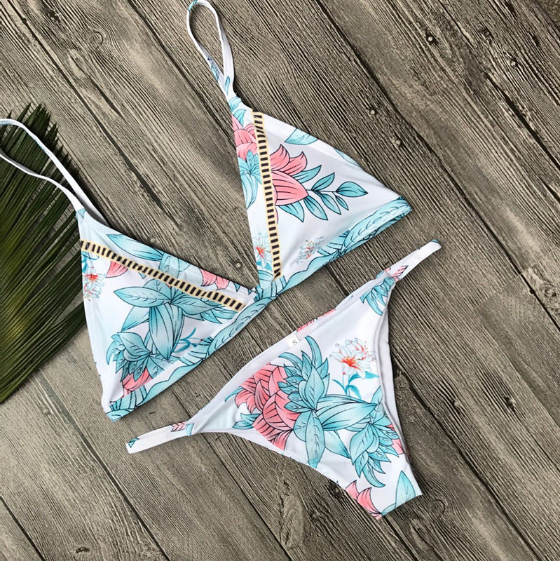Fashion White Beach Bikini Blue Flower Print Hollow Two Piece Bikini Swimsuit