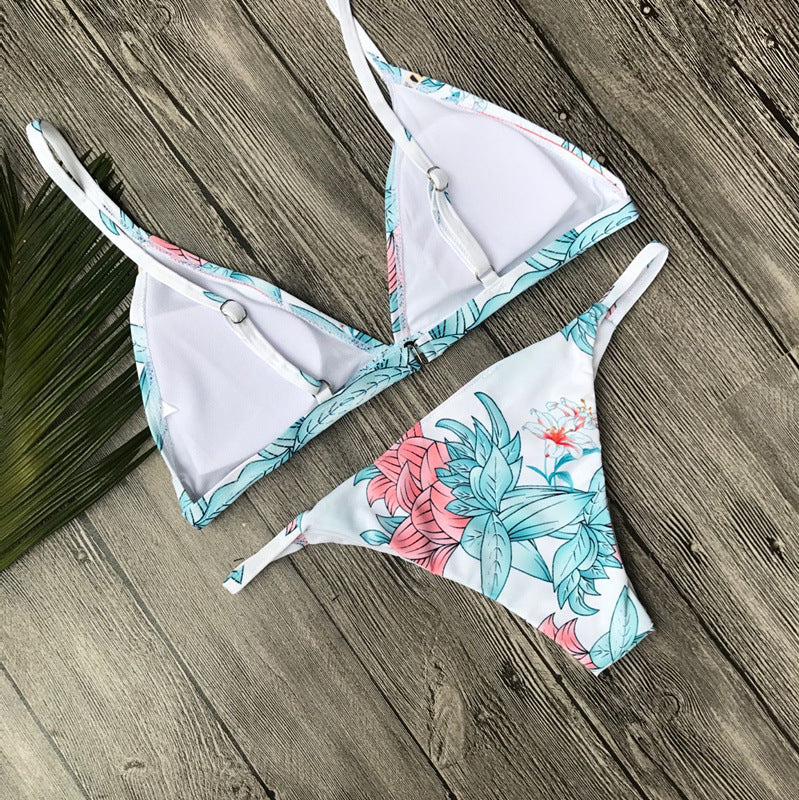 Fashion White Beach Bikini Blue Flower Print Hollow Two Piece Bikini Swimsuit