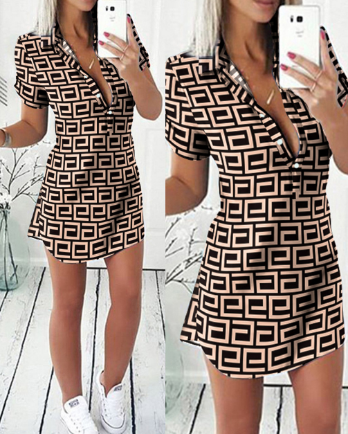 V-Neck Design Print Short Sleeve Dress