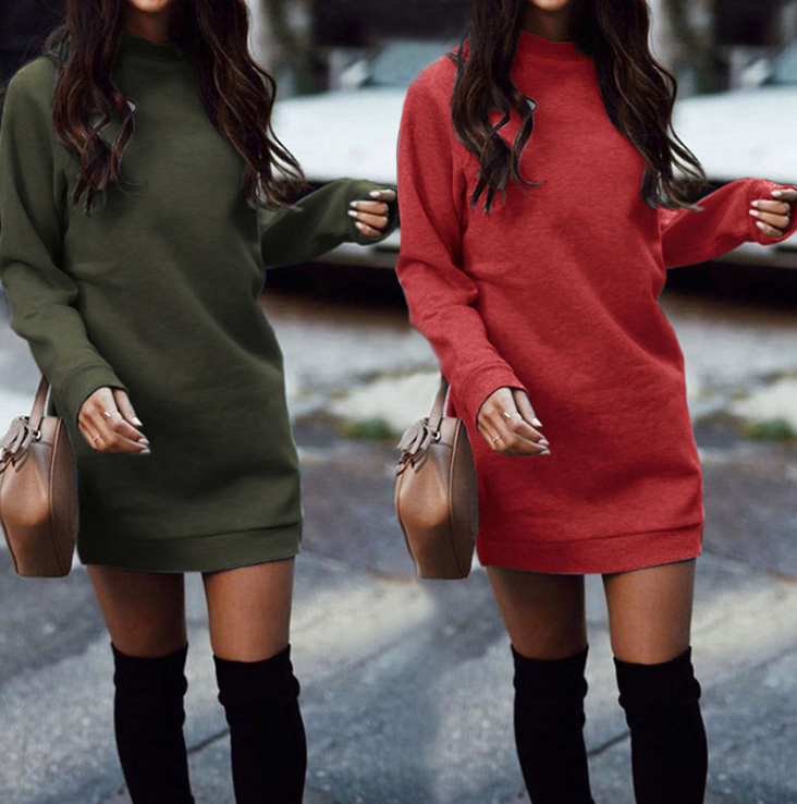 Solid Color Fashion Round Neck Long Sleeve Dress