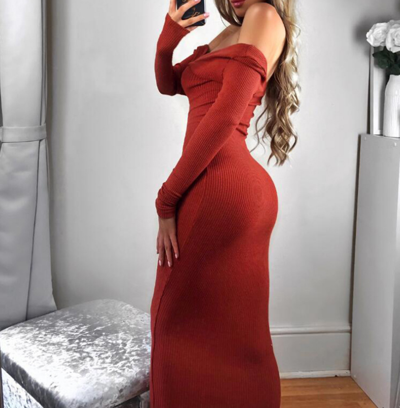 Deep V-Neck Knit Long Sleeve Dress