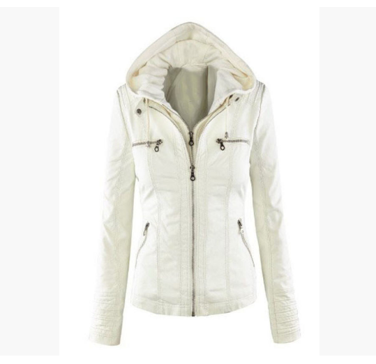 Womens Casual Motorcycle Fleece Hoodie Faux Leather Jacket