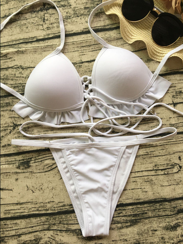Frilled Molded Cup Thong Bikini Set
