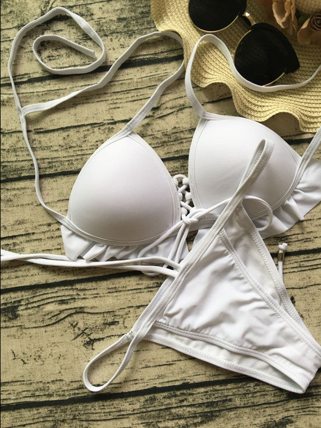 Frilled Molded Cup Thong Bikini Set