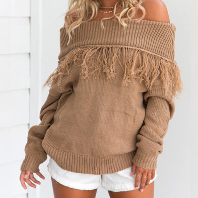 Autumn and winter fashion one word shoulder color pure tassel loose sweater long sleeves women