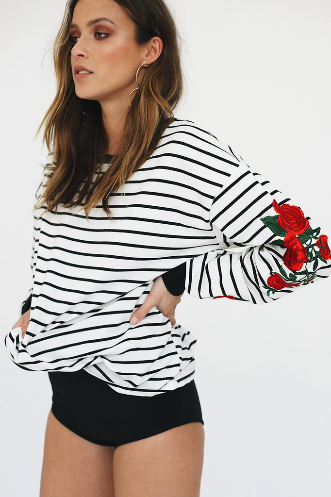 Embroidered Long-Sleeved Striped Bat Sleeve Sweater