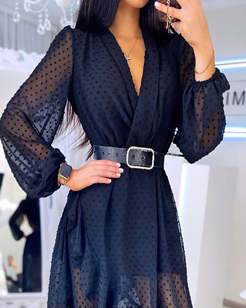 Dark Blue Sexy Flounced Long Sleeve Dress