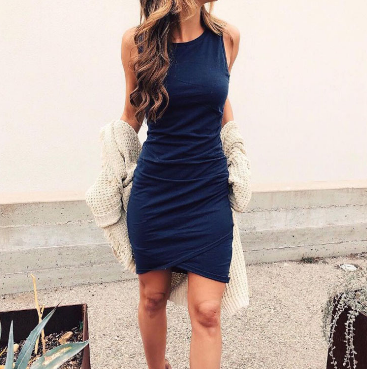 Solid Color Irregular Round Neck Sleeveless Dress