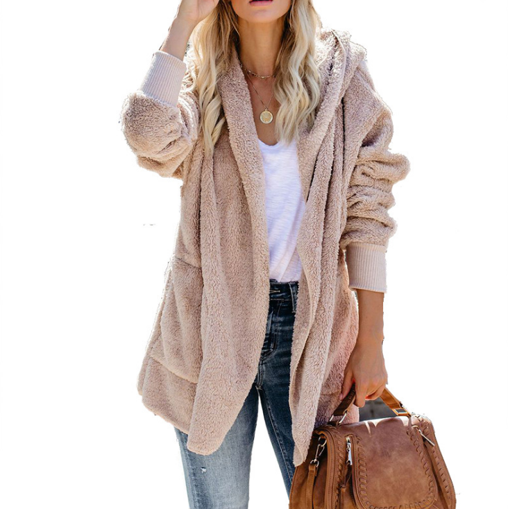 Solid Color Women'S Long-Sleeved Hooded Cardigan Coat