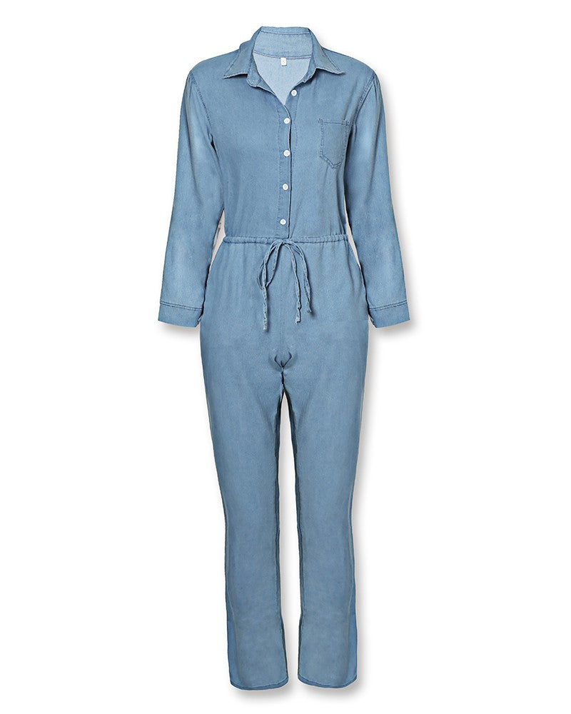 Slim Women'S Casual Long Sleeve Denim Jumpsuit