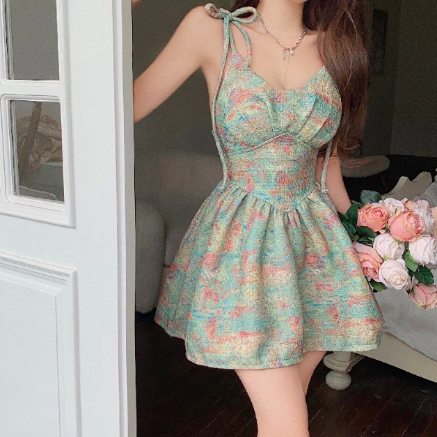 Vintage Print Sling Temperament Slim Sleeveless Dress