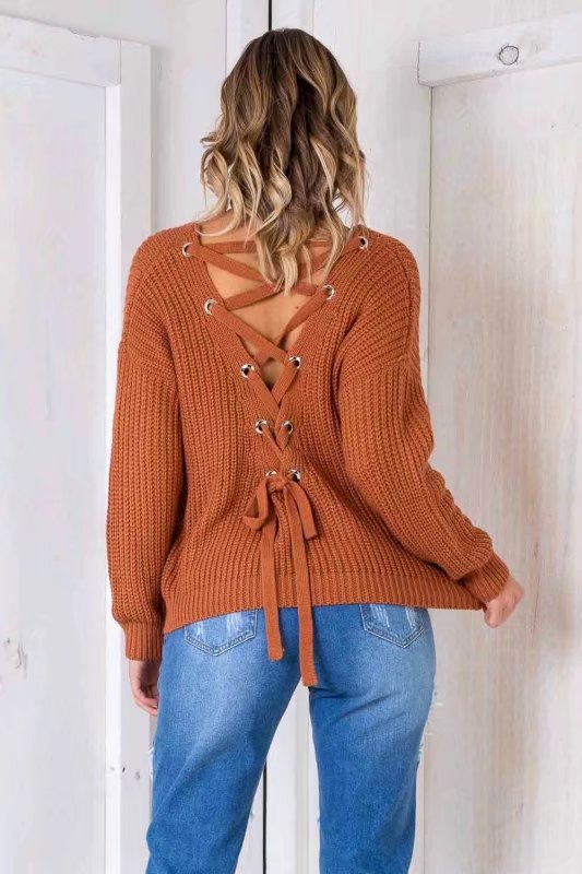 Backless Knitting Pullover Lace-up Oversized Sweater