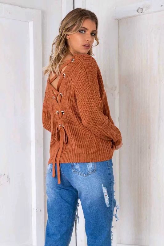 Backless Knitting Pullover Lace-up Oversized Sweater