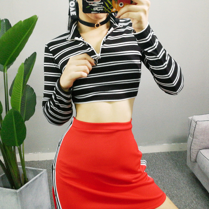 Women Multicolor Stripe Bodycon Turtleneck Zip Long Sleeve Crop Tops T-shirt