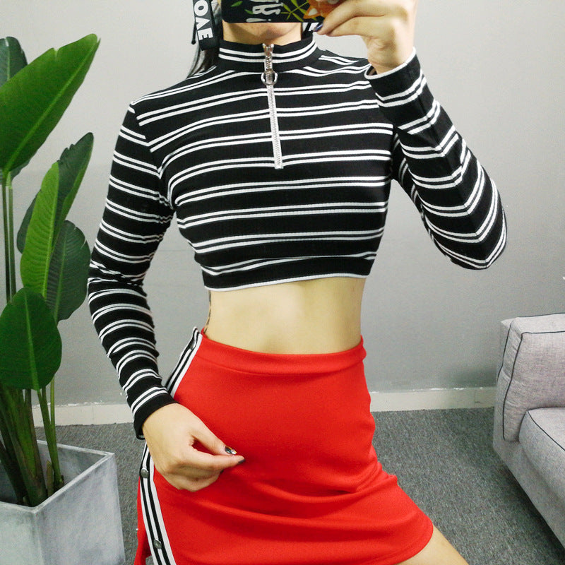 Women Multicolor Stripe Bodycon Turtleneck Zip Long Sleeve Crop Tops T-shirt